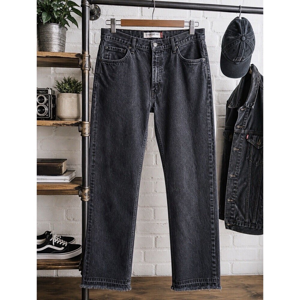 Levi's 505 Grunge Washed Black Jeans 34x29 Straight Raw Hem Distressed Charcoal